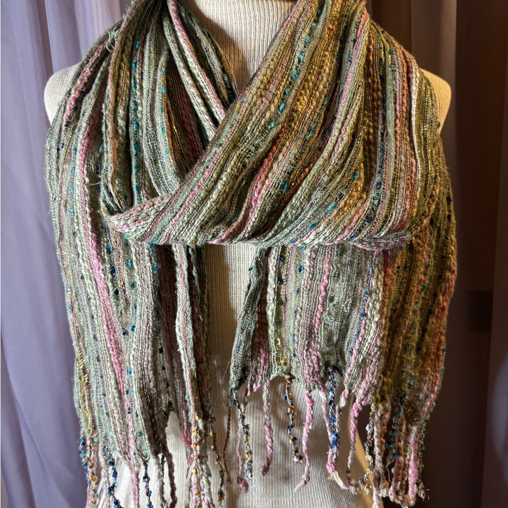 Artisan Mixed Fiber Scarf - Sage Green Pink Gold Metallic Thread, Boho Luxe